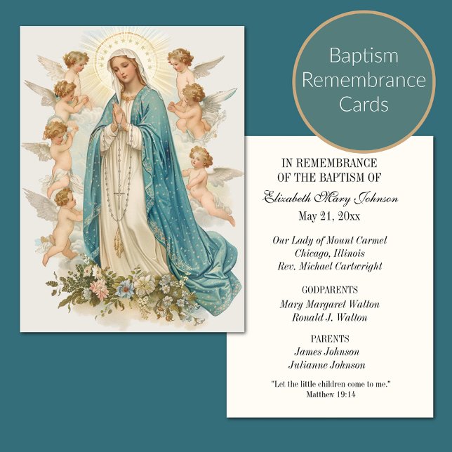 Cartão De Lugar Católico Batismo Mãe Religiosa Maria e Anjos (Criador carregado)