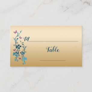 Cartão De Lugar Cerceta, ouro, florais roxo, borboletas Placecards