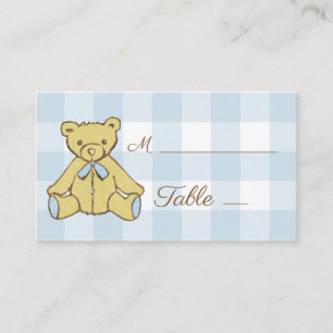 Cartão De Lugar Chá de fraldas Urso Azul Xadrez Branco