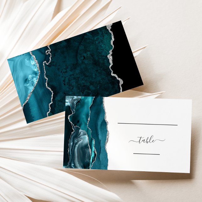 Cartão De Lugar Chic Teal Blue Silver Agate Escort (Criador carregado)