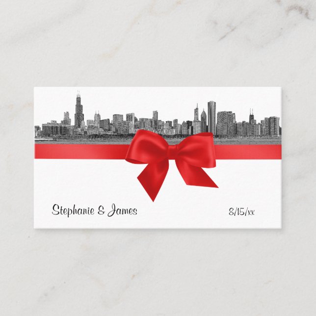 Cartão De Lugar Chicago Skyline Etch BW Red Escort Cards (Frente)
