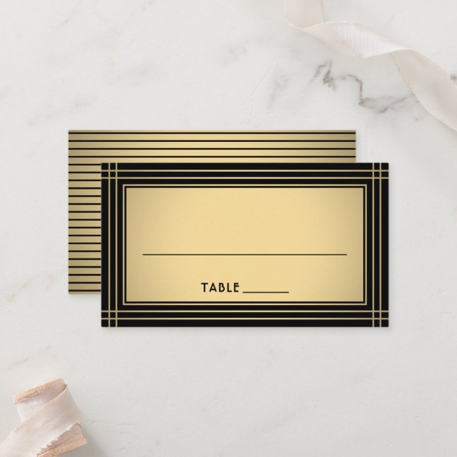 Cartão De Lugar Classic Striped Border Chic Black & Gold Escort / (Frente/Verso In Situ)