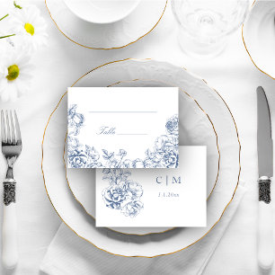Cartão De Lugar Clássico Casamento Floral Azul Elegante e Empolado