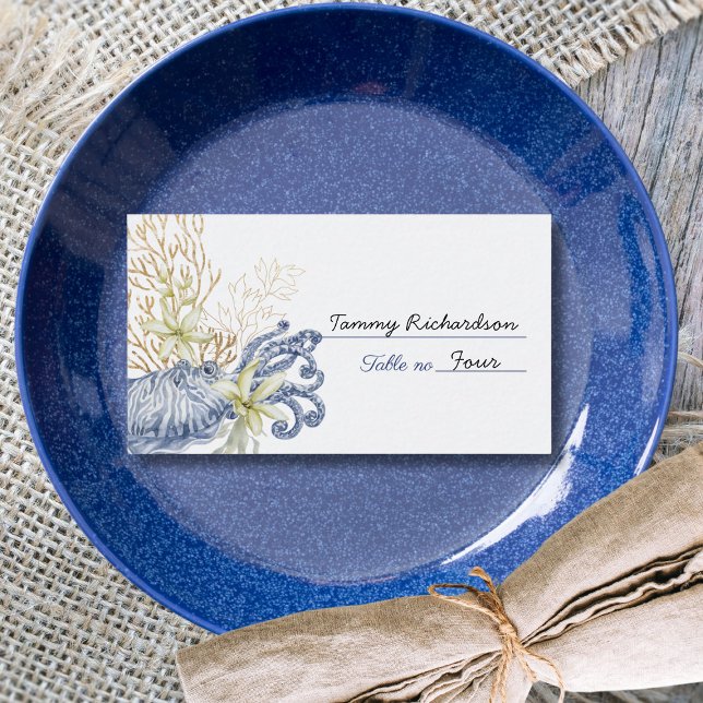Cartão De Lugar Coastal Wedding Blue & Gold Place Card (Coastal Wedding Blue & Gold Place Card)