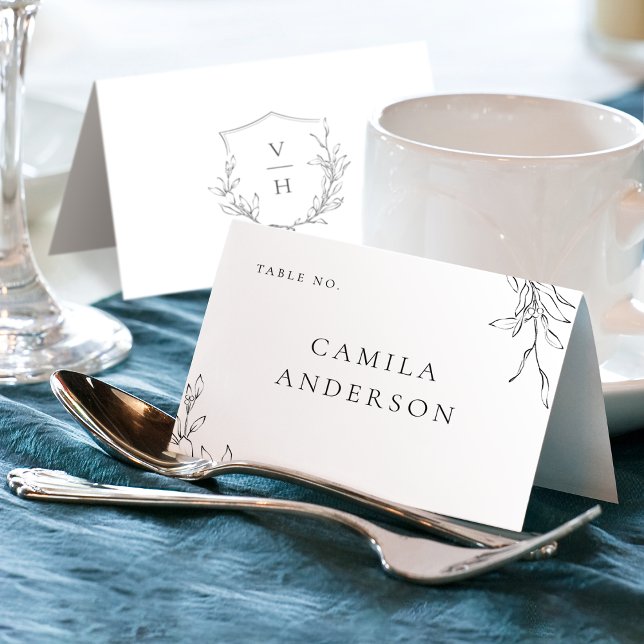 Cartão de lugar com monograma de brasão botânico s (Elegant simple botanical crest monogram place card)