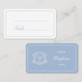 Cartão De Lugar Cruz Floral Simples no Batismo Azul Claro
