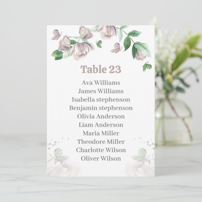 cartão de lugar das borboletas de flores roxas (Em pé/Frente)