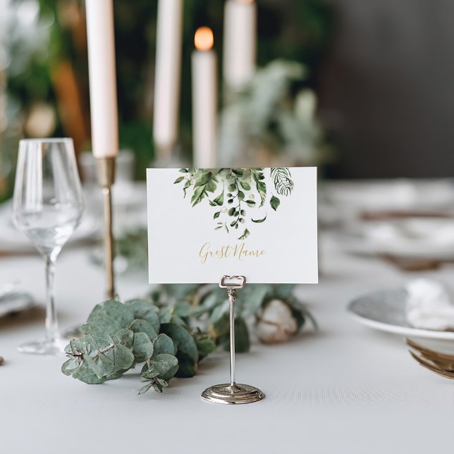 Cartão de lugar das folhas verdes (Green Leaf Wedding Reception Guest Name Place Cards, inspired by the beauty of house plants.)