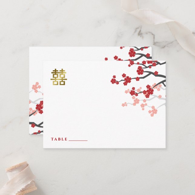 Cartão de lugar de casamento chinês Sakura Double  (Frente/Verso In Situ)