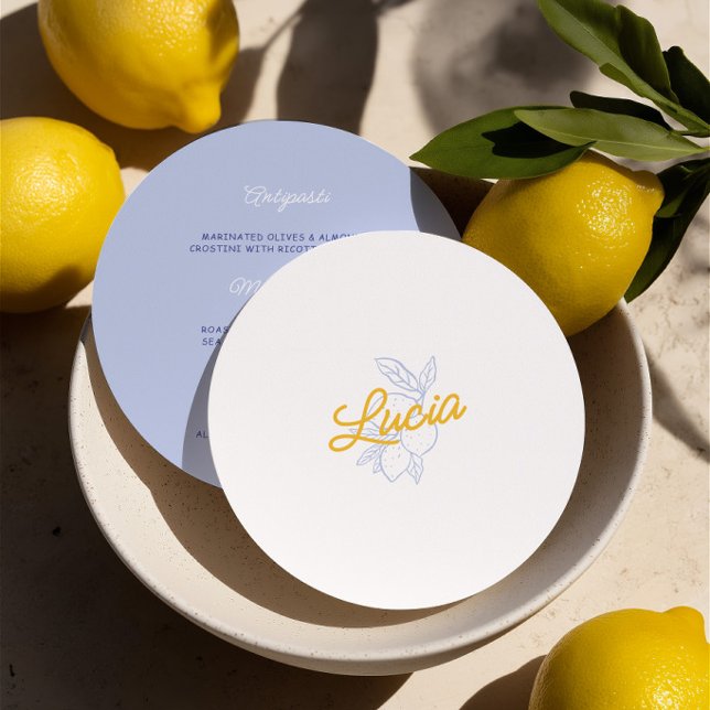 Cartão de Lugar de Casamento e Menu em Formato Red (Italian Lemon Round Wedding Place Card & Menu)