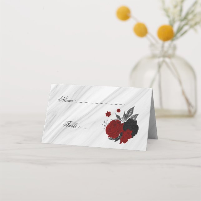 cartão de lugar de mármore floral preto e vermelho (Frente)