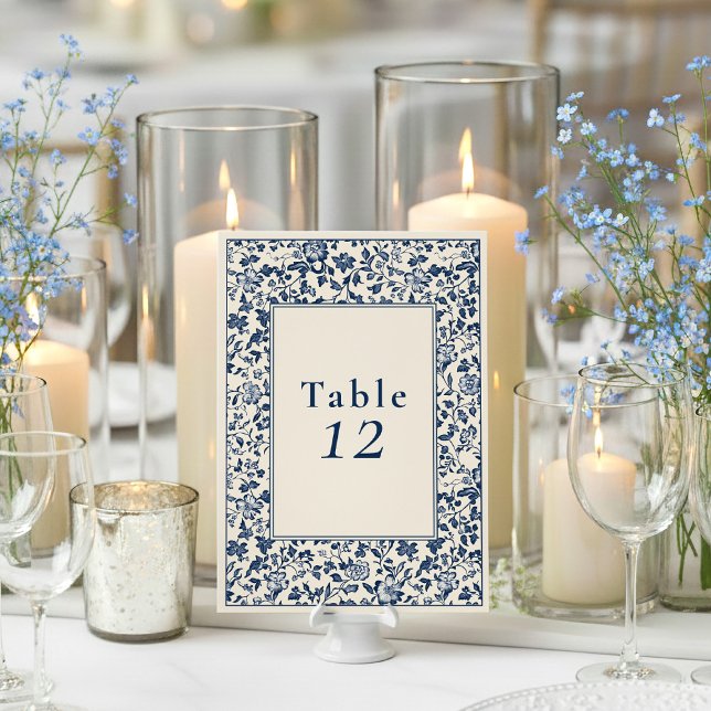 Cartão de lugar de mesa azul floral da Dell (Delftware wedding table number sign.)