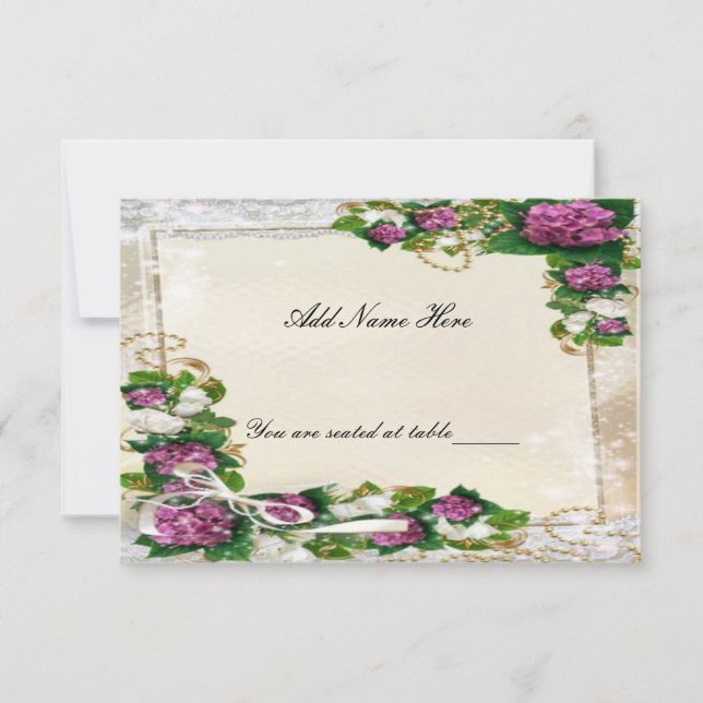Cartão de lugar de mesa com Hortênsia Roxa e Renda (Frente)