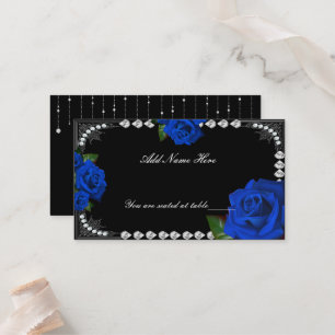 Cartão de lugar de mesa com rosas azuis românticas
