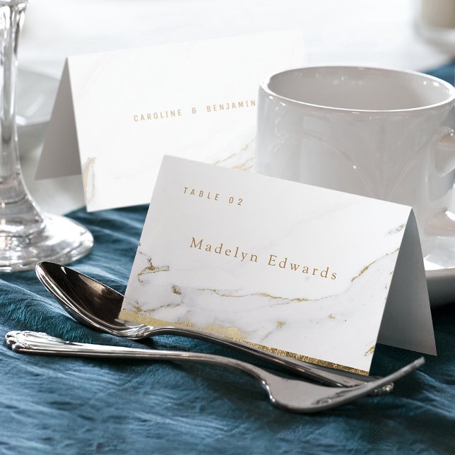 Cartão de lugar dobrável de luxo azul moderno (Faux gold marble luxury modern Foldable Place Card)