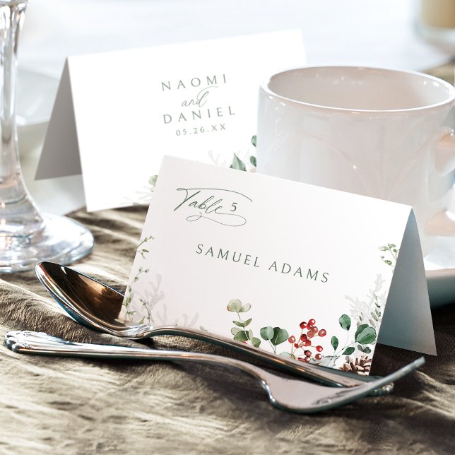 Cartão de lugar dobrável para casamento de inverno (Festive Floral Winter Wedding Foldable Place Card)