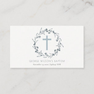 Cartão De Lugar Dusky Blue Floral Laurel Wreath Monograma Baptism