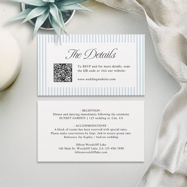 Cartão De Lugar Dusty Blue Striped QR Code Classy Wedding Details (Dusty Blue Striped QR Code Classy Wedding Details Place Card)
