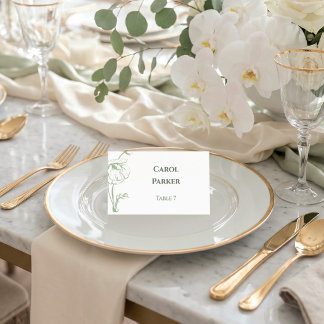 Cartão De Lugar Elegante Arte de Linha Floral Verde Sábio Casament