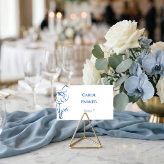 Cartão De Lugar Elegante Arte Linear Floral em Azul Poeirento para
