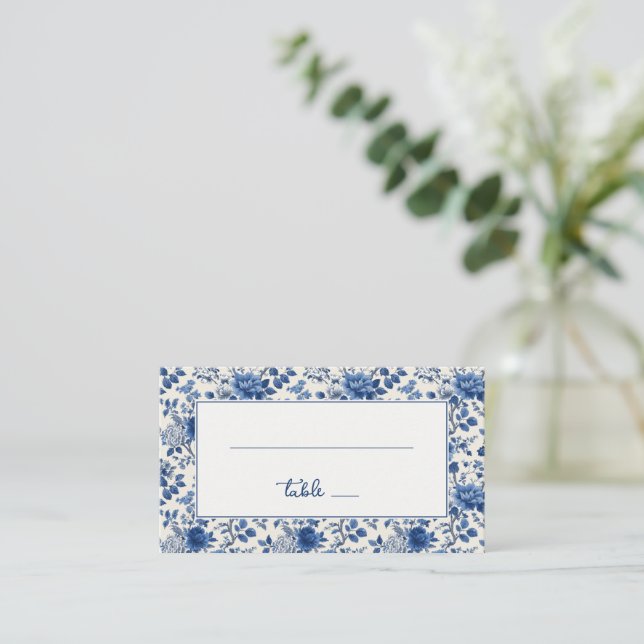 Cartão De Lugar Elegante Floral Azul (Em pé/Frente)