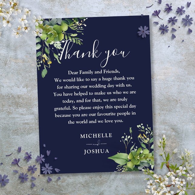 Cartão De Lugar Eucalyptus Greenery Marinho Casamento Azul Obrigad (Eucalyptus Greenery Navy Blue Wedding Thank You Place Card)