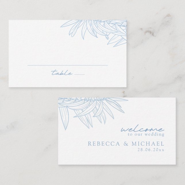 Cartão De Lugar Flat Botânico Simples Desenhado à Mão Azul (Frente/Verso)