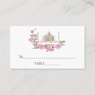 Cartão De Lugar Flor de Lótus Indiana em Aquarela Taj Mahal