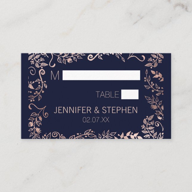 Cartão De Lugar Floral Dourado Rosa Azul Elegante (Frente)