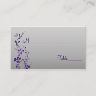 Cartão De Lugar Floral prateado roxo com borboletas Placas