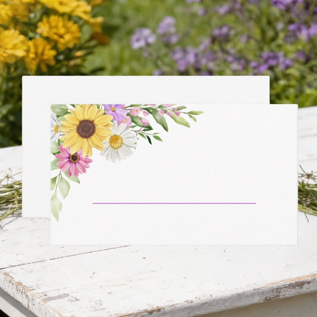 Cartão De Lugar Floral Sunflower Daisy Purple Wildflower Wedding (Criador carregado)