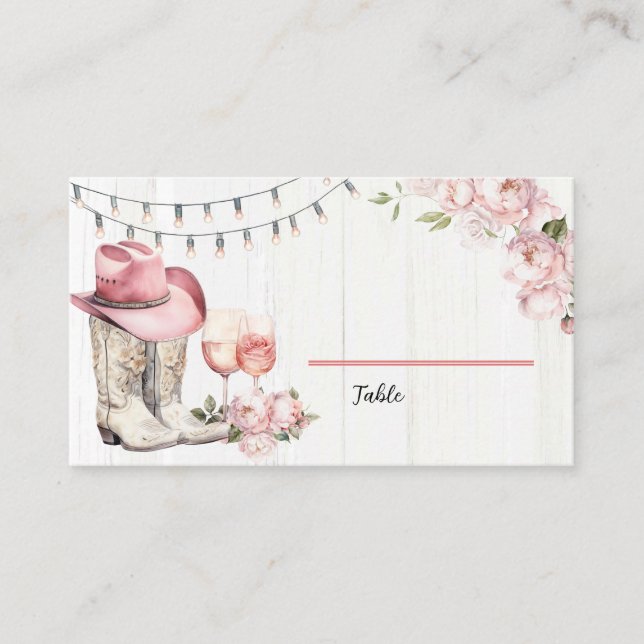 Cartão De Lugar Floral Western Boots e Bubbles (Frente)