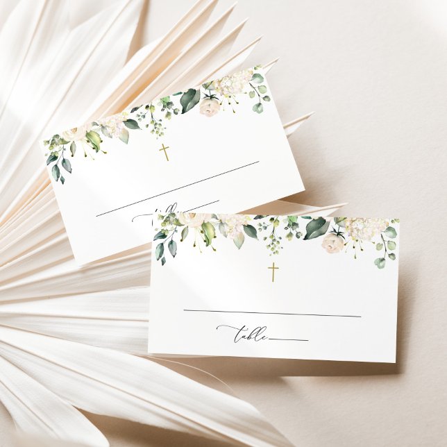 Cartão De Lugar Flores Brancas, Flores Creme, Boho, Batismo Floral (Criador carregado)