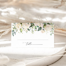 Cartão De Lugar Flores Brancas, Flores Creme, Folhagens, Casamento