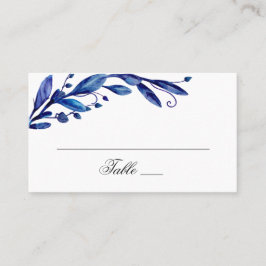 Cartão De Lugar Folhagem azul em aquarela. Casamento botânico navy