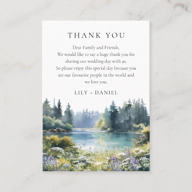 Cartão De Lugar Forest Lakeside Wildflower Wedding Thank You (Frente)