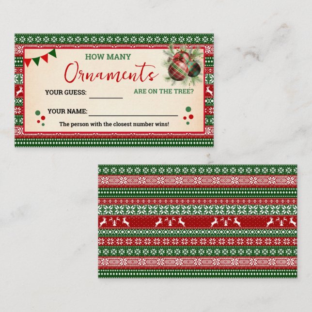 Cartão De Lugar How Many Ornaments Game Ugly Sweater Card (Frente/Verso)