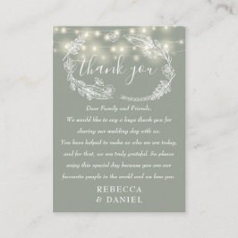 Cartão De Lugar Luzes de Corda Obrigado Casamento Verde Sage