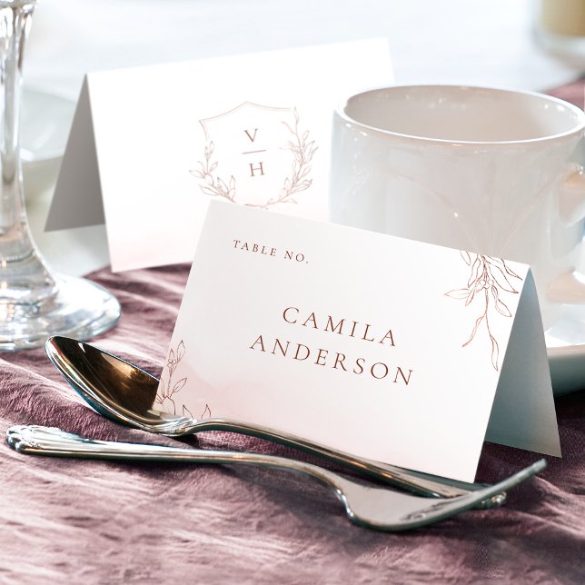 cartão de lugar monograma da crista botânica rosa  (Rose gold botanical crest monogram place card)