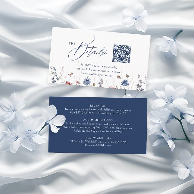 Cartão De Lugar Navy Rustic Wildflower QR Code Mini Details (Navy Rustic Wildflower QR Code Mini Details Place Card)