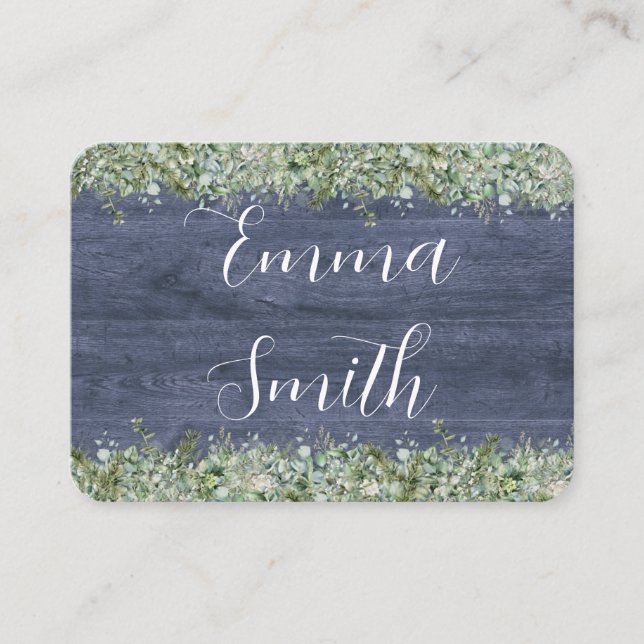 Cartão De Lugar Navy Wood Eucalyptus Wedding Place Cards | Rustic (Frente)