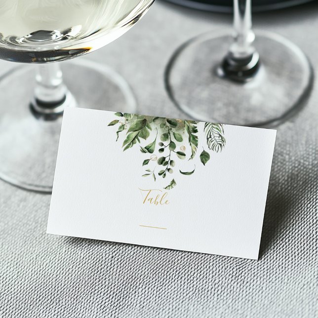 Cartão De Lugar Número da tabela de recepção de casamento folha (Green leafy top frame on a white and gold guest wedding name place card)