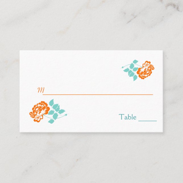 Cartão De Lugar Orange Peony on White com Placecards Turquesa (Frente)