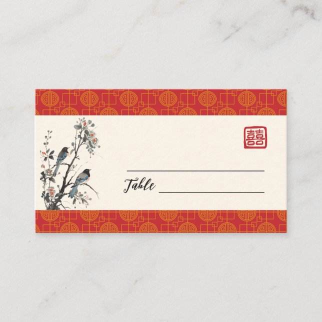 Cartão De Lugar Oriental modern red flower bird Chinese wedding  (Frente)