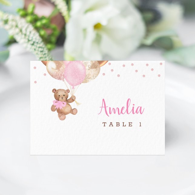 Cartão de Lugar para Chá de Bebê com Ursinho e Bal (Teddy Bear Rose Gold Balloons Baby Shower Place Card)