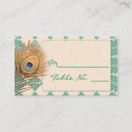 Cartão De Lugar Peacock Feather no Teal Marroquino Place Card