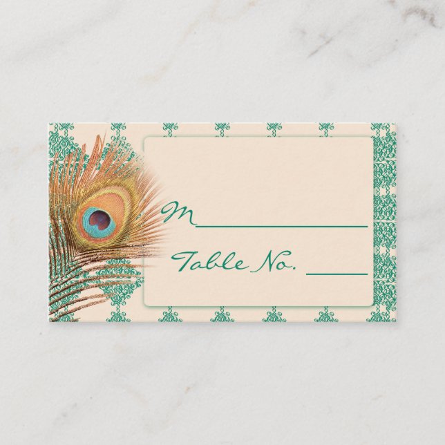 Cartão De Lugar Peacock Feather no Teal Marroquino Place Card (Frente)