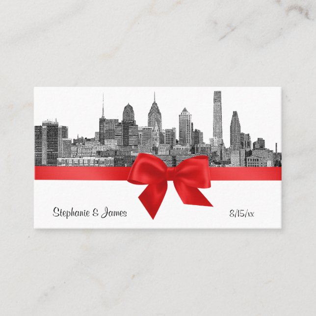 Cartão De Lugar Philadelphia Skyline Etch BW Red Place Cards #2 (Frente)