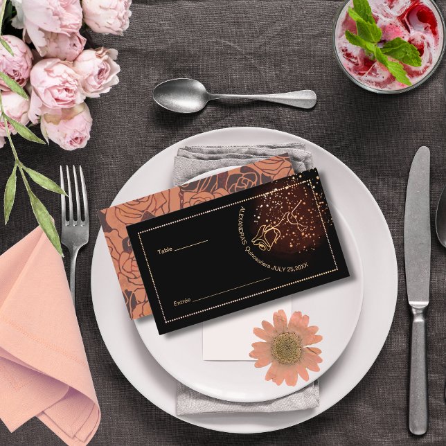 Cartão De Lugar Placa de Colocação Elegante de Cobre Rosa Quinceañ (Elegant Vintage Copper Rose Quinceañera Place Card)