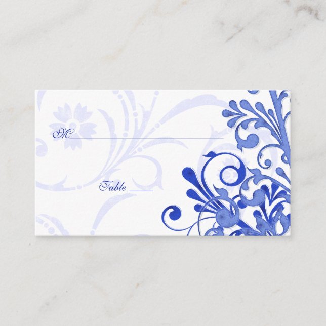 Cartão De Lugar Placas de Casamento Floral Azul e Branco (Frente)